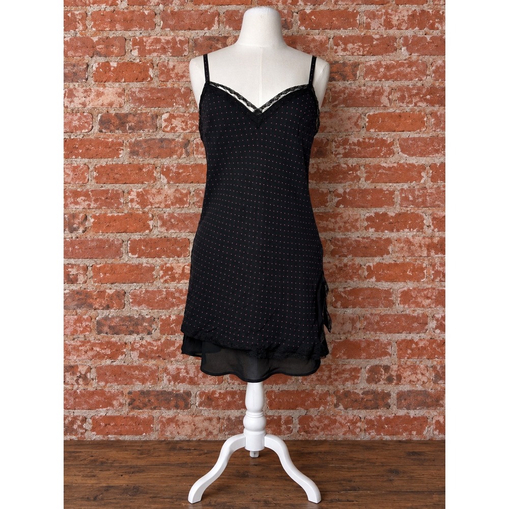 VTG Y2K 100% Silk Polka Dot Lace Trim Slip Dress 10 Coquette Whimsigoth Romantic
